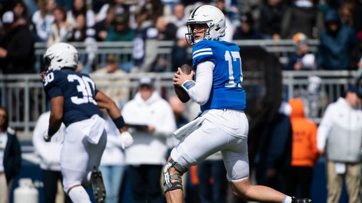 Penn State quarterback Ethan Grunkemeyer looks to throw during the Blue-White game at Beaver Stadium. 