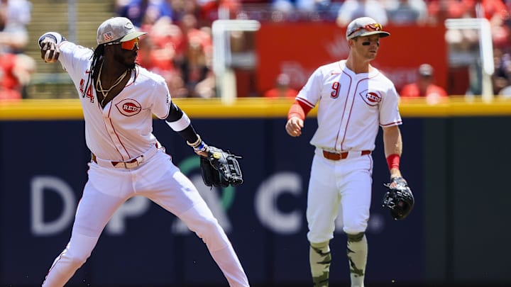 May 18, 2025; Cincinnati, Ohio, USA; Cincinnati Reds shortstop Elly De La Cruz (44) throws to first to get Cleveland Guardians outfielder Steven Kwan (not pictured) out in the second inning at Great American Ball Park. Mandatory Credit: Katie Stratman-Imagn Images