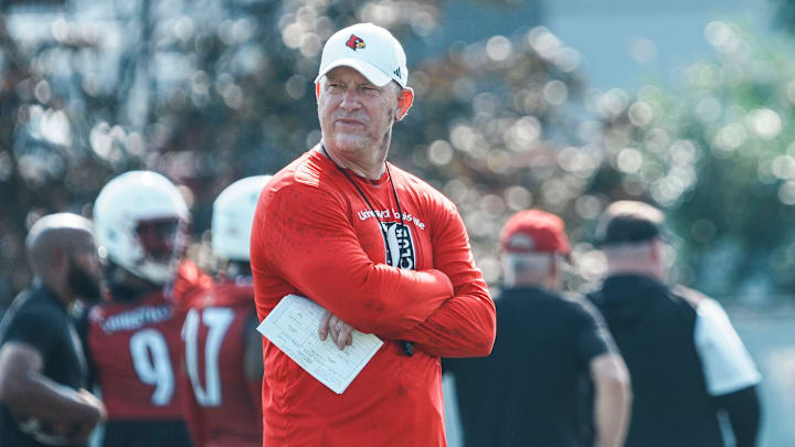 Louisville Cardinals head football coach Jeff Brohm at a morning practice Wednesday. July 30, 2025. The Cardinals' 2024 record: 9–4, 5–3 in the ACC. Louisville Cardinals head football coach Jeff Brohm at a morning practice Wednesday. July 30, 2025. The Cardinals' 2024 record: 9–4, 5–3 in the ACC.