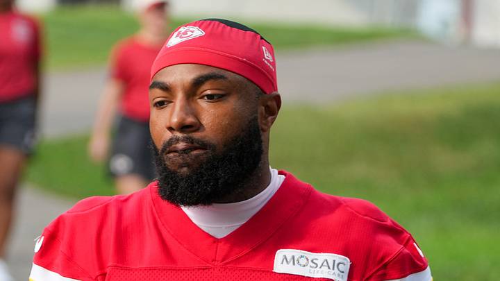 Jul 29, 2026; St. Joseph, MO, USA; Kansas City Chiefs wide receiver Jimmy Holiday (82) walks down the hill to the practice fields during training camp at Missouri Western State University. Mandatory Credit: Denny Medley-Imagn Images