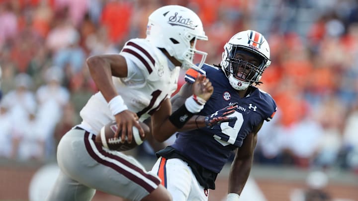 Oct 28, 2023; Auburn, Alabama, USA;  Auburn Tigers linebacker Eugene Asante (9) chases down
