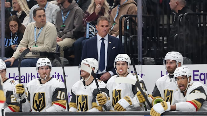 Nov 24, 2025; Salt Lake City, Utah, USA; Vegas Golden Knights head coach Bruce Cassidy watches play against the Utah Mammoth during the second period at Delta Center. Mandatory Credit: Rob Gray-Imagn Images