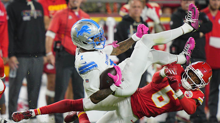 Oct 12, 2025; Kansas City, Missouri, USA; Kansas City Chiefs safety Bryan Cook (6) takes Detroit Lions wide receiver Jameson Williams (1) during the second half at GEHA Field at Arrowhead Stadium. Mandatory Credit: Jay Biggerstaff-Imagn Images Oct 12, 2025; Kansas City, Missouri, USA; Kansas City Chiefs safety Bryan Cook (6) takes Detroit Lions wide receiver Jameson Williams (1) during the second half at GEHA Field at Arrowhead Stadium. Mandatory Credit: Jay Biggerstaff-Imagn Images
