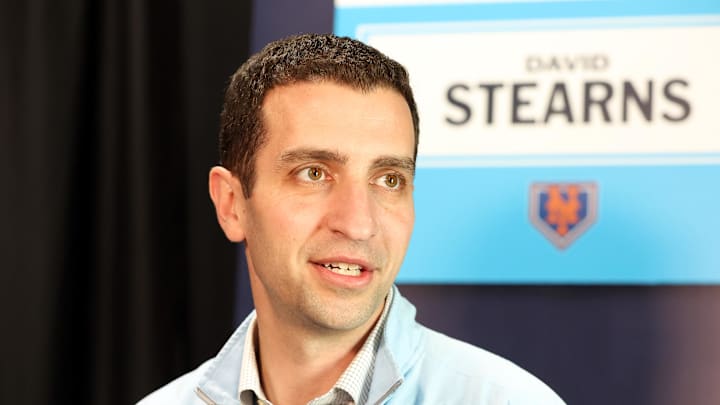 Feb 15, 2024; Tampa, FL, USA; New York Mets president of baseball operations David Stearns talks with media at George M. Steinbrenner Field. Mandatory Credit: Kim Klement Neitzel-Imagn Images