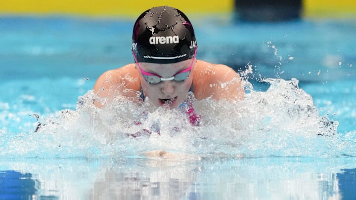 Lydia Jacoby competes in the 100-meter breaststroke semifinals Sunday, June 16, 2024, during the second day of competition for the U.S. Olympic Team Swimming Trials at Lucas Oil Stadium in Indianapolis. Lydia Jacoby competes in the 100-meter breaststroke semifinals Sunday, June 16, 2024, during the second day of competition for the U.S. Olympic Team Swimming Trials at Lucas Oil Stadium in Indianapolis.