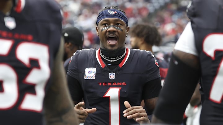 Sep 29, 2024; Houston, Texas, USA; Houston Texans wide receiver Stefon Diggs (1) during the game against the Jacksonville Jaguars at NRG Stadium. Mandatory Credit: Troy Taormina-Imagn Images