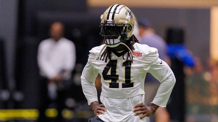 Aug 02, 2026; Metairie, LA, USA;  New Orleans Saints running back Alvin Kamara (41) looks on during training camp at Ochsner Sports Performance Center. 