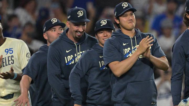 Los Angeles Dodgers designated hitter Shohei Ohtani (17) lines up in front of Los Angeles Dodgers starting pitcher Yoshinobu Yamamoto (18) and starting pitcher Blake Snell (7) greet players after the game against the San Francisco Giants at Dodger Stadium on Sept. 19, 2026. Los Angeles Dodgers designated hitter Shohei Ohtani (17) lines up in front of Los Angeles Dodgers starting pitcher Yoshinobu Yamamoto (18) and starting pitcher Blake Snell (7) greet players after the game against the San Francisco Giants at Dodger Stadium on Sept. 19, 2026.