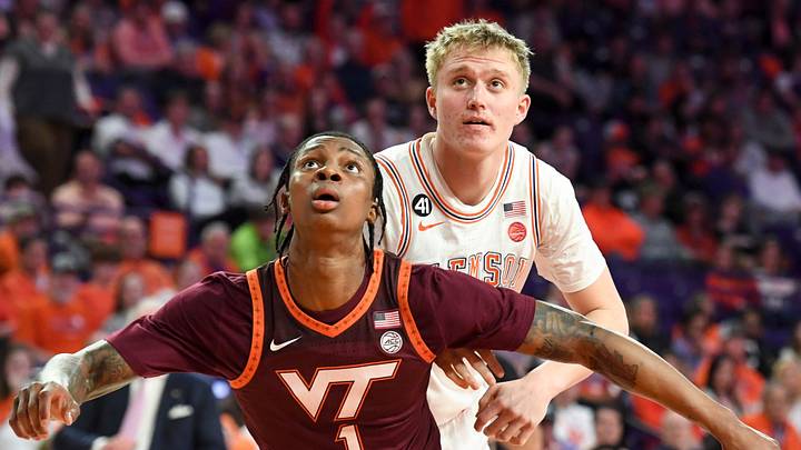 Virginia Tech Hokies forward Tobi Lawal (1) boxes out Clemson Tigers forward Chase Thompson (3) Wednesday, Feb. 11, 2026, during the NCAA men’s basketball game at Littlejohn Coliseum in Clemson, South Carolina.