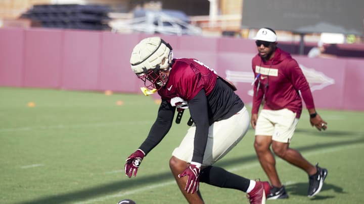 FSU football players participate in fall practice as the team prepares for Georgia Tech at the Albert J Dunlap training center on Tuesday, Aug. 13, 2024.