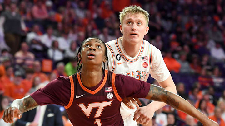 Virginia Tech Hokies forward Tobi Lawal (1) boxes out Clemson Tigers forward Chase Thompson (3) Wednesday, Feb. 11, 2026, during the NCAA men’s basketball game at Littlejohn Coliseum in Clemson, South Carolina.