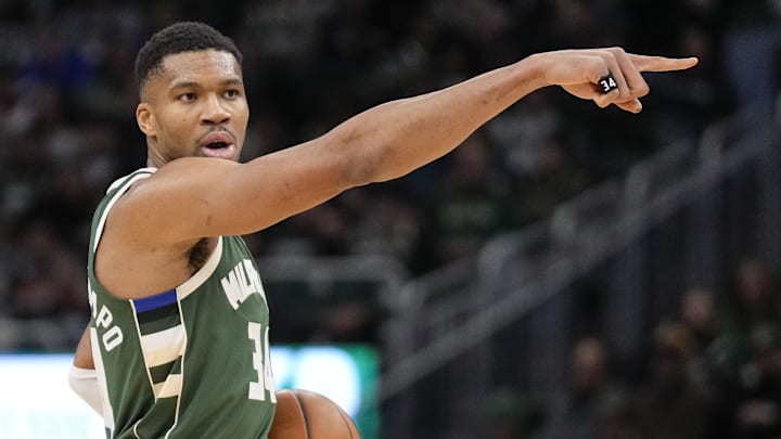 Jan 8, 2025; Milwaukee, Wisconsin, USA; Milwaukee Bucks forward Giannis Antetokounmpo (34) gestures during the third quarter against the San Antonio Spurs at Fiserv Forum. Mandatory Credit: Jeff Hanisch-Imagn Images Jan 8, 2025; Milwaukee, Wisconsin, USA; Milwaukee Bucks forward Giannis Antetokounmpo (34) gestures during the third quarter against the San Antonio Spurs at Fiserv Forum. Mandatory Credit: Jeff Hanisch-Imagn Images