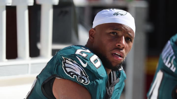 Sep 29, 2024; Tampa, Florida, USA; Philadelphia Eagles running back Saquon Barkley (26) against the Tampa Bay Buccaneers during the second half at Raymond James Stadium. Mandatory Credit: Kim Klement Neitzel-Imagn Images Sep 29, 2024; Tampa, Florida, USA; Philadelphia Eagles running back Saquon Barkley (26) against the Tampa Bay Buccaneers during the second half at Raymond James Stadium. Mandatory Credit: Kim Klement Neitzel-Imagn Images