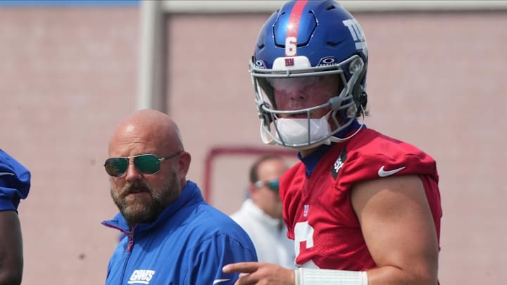 Coach Brian Daboll with quarterback Jaxson Dart as the New York Giants participate in their 2025 OTA's at the Quest Diagnostic Giants Training Center in East Rutherford.