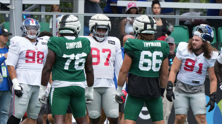 Florham Park, NJ -- August 21, 2024 -- The Giants defensive line up against the Jets offensive line during practice. The New York Giants came to the Atlantic Health Jets Training Center in Florham Park, New Jersey to participate in a joint practice with the New York Jets. Florham Park, NJ -- August 21, 2024 -- The Giants defensive line up against the Jets offensive line during practice. The New York Giants came to the Atlantic Health Jets Training Center in Florham Park, New Jersey to participate in a joint practice with the New York Jets.