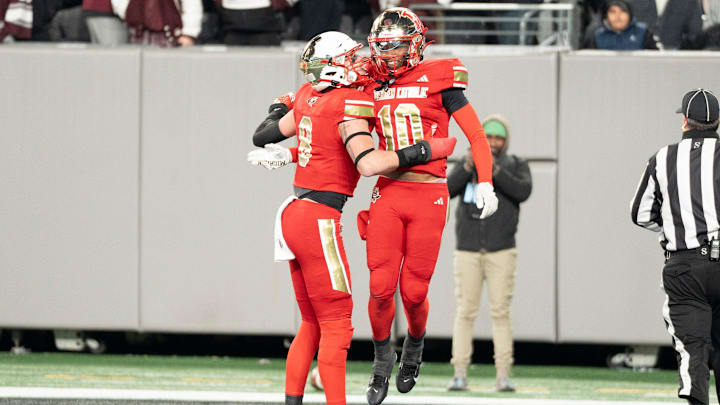 Nov 29, 2024; East Rutherford, NJ, USA; Bergen Catholic vs. Don Bosco in the NJSIAA Non-Public A football final at MetLife Stadium. Bergen Catholic #10 Bryan Porter celebrates after scoring a touchdown in the fourth quarter.