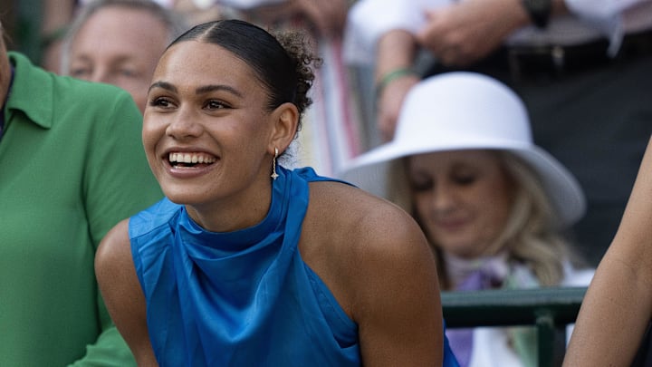 Jul 7, 2025: Trinity Rodman reacts to Ben Shelton of the United States winning his match against Lorenzo Sonego of Italy at Wimbledon.