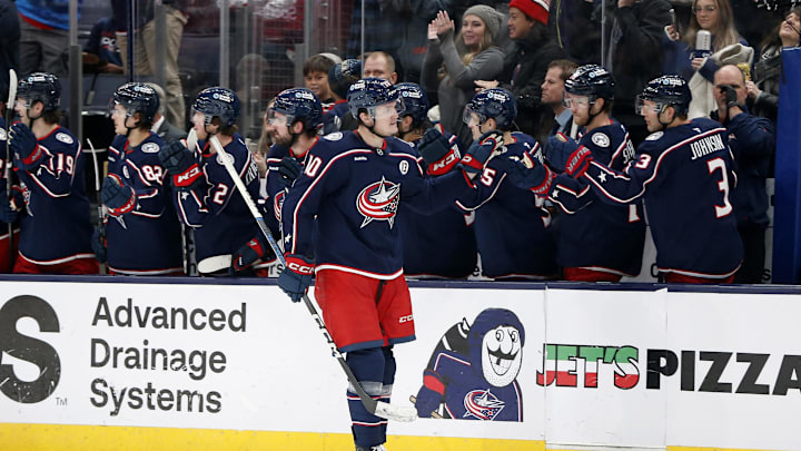 Dec 27, 2024; Columbus, Ohio, USA; Columbus Blue Jackets left wing Dmitri Voronkov (10) celebrates his goal against the Boston Bruins during the second period at Nationwide Arena. Mandatory Credit: Russell LaBounty-Imagn Images