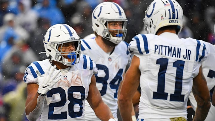 Nov 21, 2021; Orchard Park, New York, USA; Indianapolis Colts running back Jonathan Taylor (28)