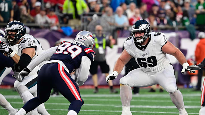 Sep 10, 2023; Foxborough, Massachusetts, USA; Philadelphia Eagles guard Landon Dickerson (69) lines