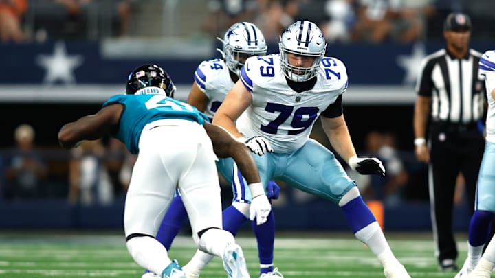 Aug 12, 2023; Arlington, Texas, USA; Dallas Cowboys offensive tackle Matt Waletzko (79) in game action in the game against the Jacksonville Jaguars at AT&T Stadium. Mandatory Credit: Tim Heitman-Imagn Images