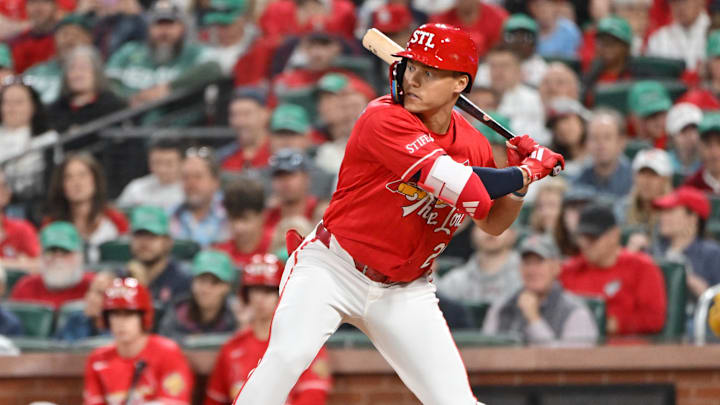 Apr 10, 2026; St. Louis, Missouri, USA; St. Louis Cardinals shortstop JJ Wetherholt (26) at bat against the Boston Red Sox at Busch Stadium. Mandatory Credit: Tim Vizer-Imagn Images