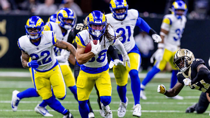 Dec 1, 2024; New Orleans, Louisiana, USA; Los Angeles Rams wide receiver Jordan Whittington (88) runs agains the New Orleans Saints during the first half at Caesars Superdome. Mandatory Credit: Stephen Lew-Imagn Images Dec 1, 2024; New Orleans, Louisiana, USA; Los Angeles Rams wide receiver Jordan Whittington (88) runs agains the New Orleans Saints during the first half at Caesars Superdome. Mandatory Credit: Stephen Lew-Imagn Images