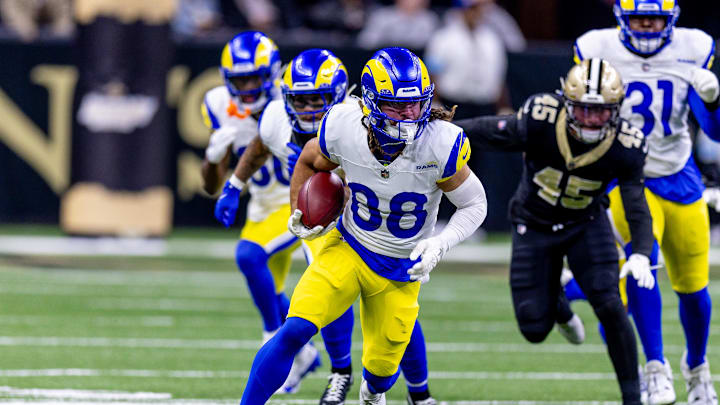 Dec 1, 2024; New Orleans, Louisiana, USA;  Los Angeles Rams wide receiver Jordan Whittington (88) runs agains the New Orleans Saints during the first half at Caesars Superdome. Mandatory Credit: Stephen Lew-Imagn Images