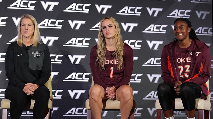 Oct 6, 2026; Charlotte, NC, USA; Virginia Tech Hokies head coach Megan Duffy, Carleigh Wenzel and Alyssa Latham answer questions from the media during the ACC Basketball Tip-Off in Charlotte, NC. Mandatory Credit: Jim Dedmon-Imagn Images Oct 6, 2026; Charlotte, NC, USA; Virginia Tech Hokies head coach Megan Duffy, Carleigh Wenzel and Alyssa Latham answer questions from the media during the ACC Basketball Tip-Off in Charlotte, NC. Mandatory Credit: Jim Dedmon-Imagn Images