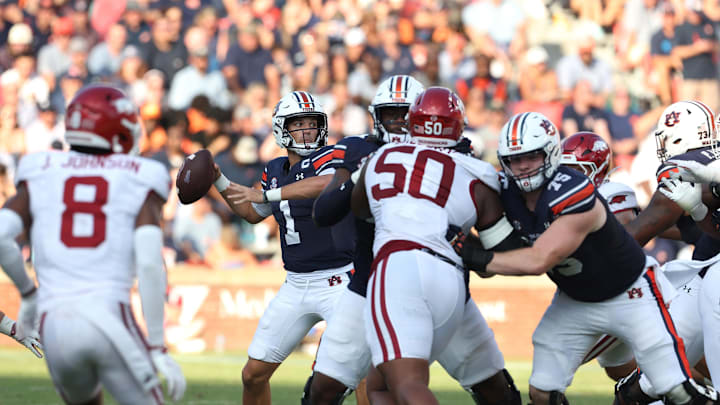 Sep 21, 2024; Auburn, Alabama, USA;  Auburn Tigers quarterback Payton Thorne (1) throws a pass against the Arkansas Razorbacks during the fourth quarter at Jordan-Hare Stadium. Mandatory Credit: John Reed-Imagn Images