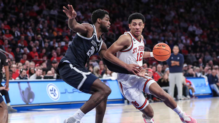 Mar 9, 2024; New York, New York, USA; St. John's Red Storm guard RJ Luis Jr. (12) looks to drive