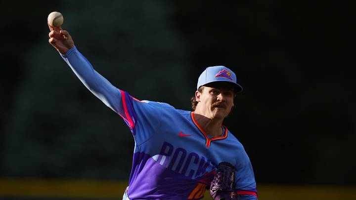 Jun 5, 2026; Denver, Colorado, USA; Colorado Rockies starting pitcher Ryan Feltner (18) delivers a pitch in the first inning against the Milwaukee Brewers  at Coors Field. Mandatory Credit: Ron Chenoy-Imagn Images