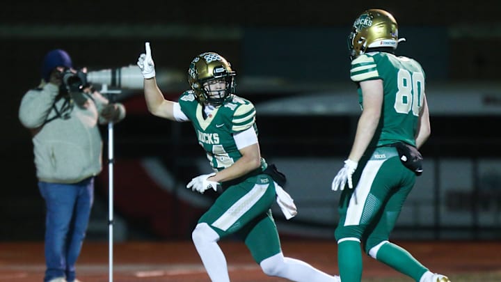 Westfield's Beau Braun (14) reacts to his scoring 6 points as Crown Point took on Westfield High School in the IHSAA SS1 Class 6A Semi-state championship, Nov 22, 2024. Westfield's Beau Braun (14) reacts to his scoring 6 points as Crown Point took on Westfield High School in the IHSAA SS1 Class 6A Semi-state championship, Nov 22, 2024.