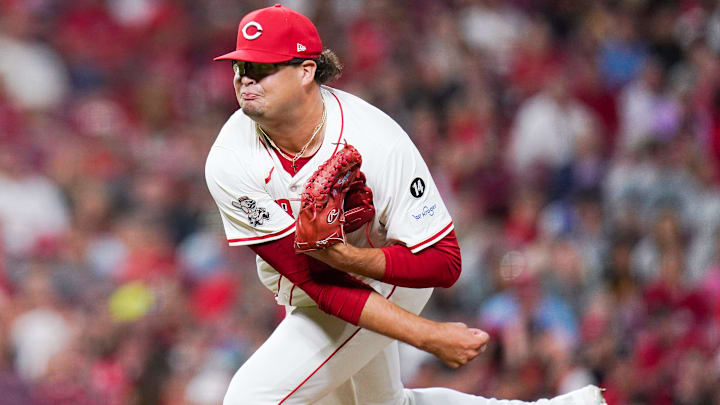 Cincinnati Reds pitcher Zach Maxwell (78) delivers a pitch in the eighth inning of a MLB game between the Cincinnati Reds and St. Louis Cardinals, Aug. 30, 2025, at Great American Ball Park in downtown Cincinnati. Cardinals won 4-2.