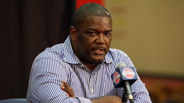 July 9, 2009; Auburn Hills, MI, USA; Detroit Pistons president Joe Dumars during the press conference to introduce their new head coach John Kuester at their practice facility. Mandatory Credit: Leon Halip-Imagn Images