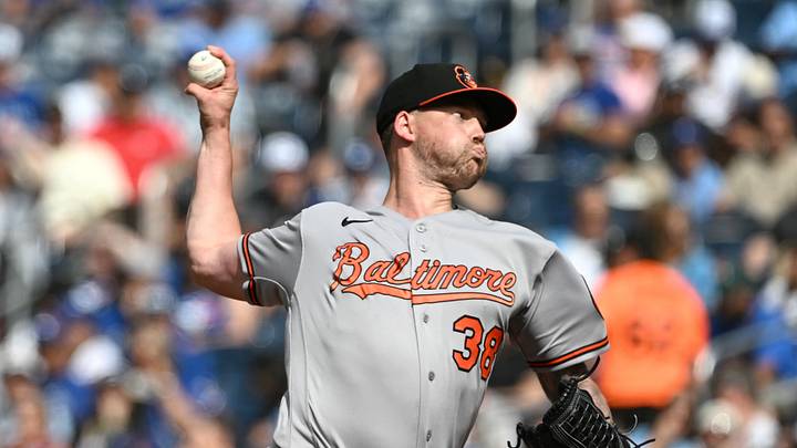 Sep 12, 2026; Toronto, Ontario, CAN;  Baltimore Orioles starting pitcher Kyle Bradish (38) delivers a pitch against the Toronto Blue Jays in the first inning at Rogers Centre.  Mandatory Credit: Dan Hamilton-Imagn Images