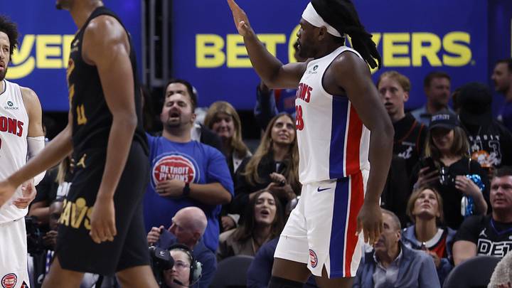 May 7, 2026; Detroit, Michigan, USA; Detroit Pistons guard Daniss Jenkins (24), guard Cade Cunningham (2) and forward Isaiah Stewart (28) celebrate in the second half against the Cleveland Cavaliers during game two of the second round of the 2026 NBA Playoffs at Little Caesars Arena. Mandatory Credit: Rick Osentoski-Imagn Images