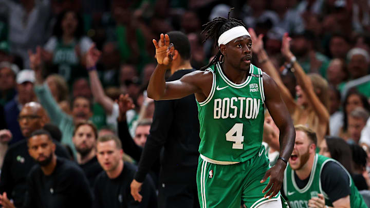 Jun 17, 2024; Boston, Massachusetts, USA; Boston Celtics guard Jrue Holiday (4) celebrates after making a thee pointer against the Dallas Mavericks in game five of the 2024 NBA Finals at TD Garden. Mandatory Credit: Peter Casey-Imagn Images
