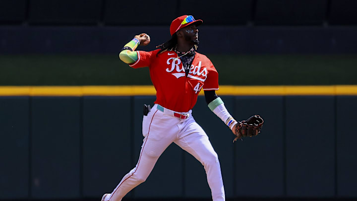 Sep 21, 2024; Cincinnati, Ohio, USA; Cincinnati Reds shortstop Elly De La Cruz (44) throws to first to get Pittsburgh Pirates third baseman Isiah Kiner-Falefa (not pictured) out in the third inning at Great American Ball Park. Mandatory Credit: Katie Stratman-Imagn Images