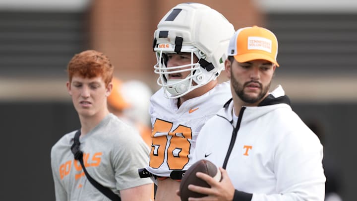 Tennessee offensive lineman Sam Pendleton (56) during Tennessee football preseason practice, in Knoxville, Tennessee, Aug. 5, 2025.
