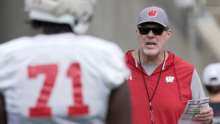 Wisconsin offensive coordinator Jeff Grimes is shown during football practice Thursday, August 6, 2026 at Camp Randall Stadium in Madison, Wisconsin.