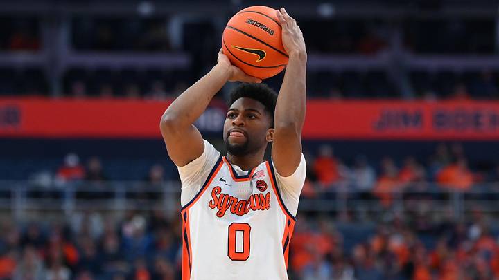 Jan 25, 2025; Syracuse, New York, USA; Syracuse Orange guard Kyle Cuffe Jr. (0) shoots against the Pittsburgh Panthers during the second half at the JMA Wireless Dome. Mandatory Credit: Rich Barnes-Imagn Images Jan 25, 2025; Syracuse, New York, USA; Syracuse Orange guard Kyle Cuffe Jr. (0) shoots against the Pittsburgh Panthers during the second half at the JMA Wireless Dome. Mandatory Credit: Rich Barnes-Imagn Images
