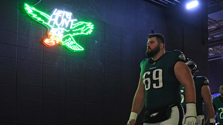 Philadelphia Eagles guard Landon Dickerson walks in the tunnel against the Washington Commanders in the NFC Championship Game. Philadelphia Eagles guard Landon Dickerson walks in the tunnel against the Washington Commanders in the NFC Championship Game.