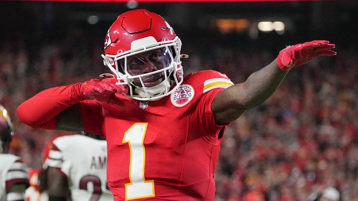Oct 27, 2025; Kansas City, Missouri, USA; Kansas City Chiefs wide receiver Xavier Worthy (1) celebrates after a play against the Washington Commanders during the first quarter of the game at GEHA Field at Arrowhead Stadium. Mandatory Credit: Denny Medley-Imagn Images Oct 27, 2025; Kansas City, Missouri, USA; Kansas City Chiefs wide receiver Xavier Worthy (1) celebrates after a play against the Washington Commanders during the first quarter of the game at GEHA Field at Arrowhead Stadium. Mandatory Credit: Denny Medley-Imagn Images