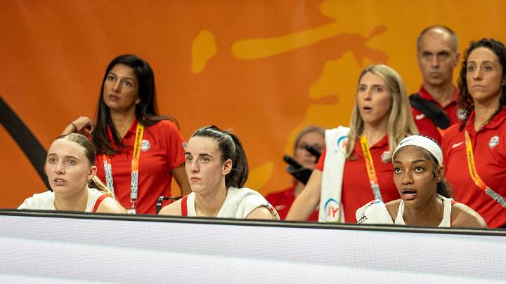 Caitlin Clark and Paige Bueckers look on during Team USA's FIBA World Cup game against China.