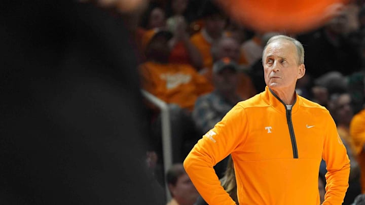 Tennessee head coach Rick Barnes on the sidelines during a men’s college basketball game between Tennessee and Vanderbilt at Thompson-Boling Arena at Food City Center, Saturday, Feb. 15, 2025.