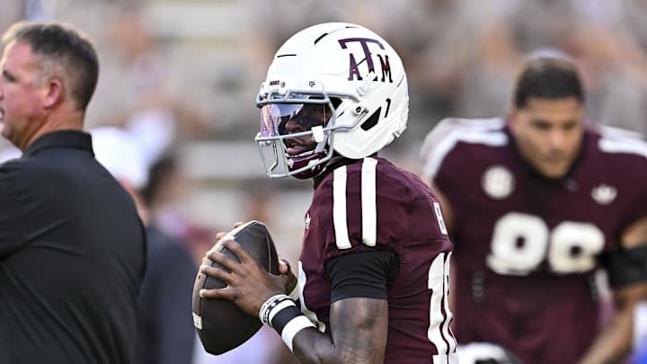 Oct 11, 2025; College Station, Texas, USA; Texas A&M Aggies quarterback Marcel Reed (10) warms up prior to the game against the Florida Gators at Kyle Field. Mandatory Credit: Maria Lysaker-Imagn Images Oct 11, 2025; College Station, Texas, USA; Texas A&M Aggies quarterback Marcel Reed (10) warms up prior to the game against the Florida Gators at Kyle Field. Mandatory Credit: Maria Lysaker-Imagn Images