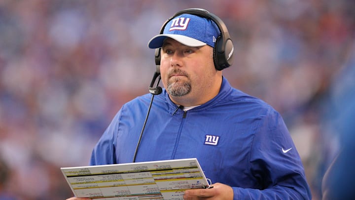 Sep 30, 2018; East Rutherford, NJ, USA; New York Giants defensive coordinator James Bettcher coaches against the New Orleans Saints during the third quarter at MetLife Stadium. Mandatory Credit: Brad Penner-Imagn Images