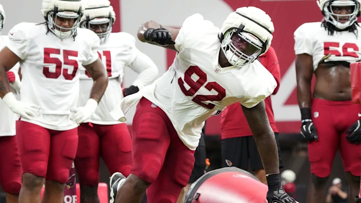 Arizona Cardinals defensive lineman Bilal Nichols (92) works through a drill during training camp at State Farm Stadium in Glendale, Ariz., on Monday, July 29, 2024.