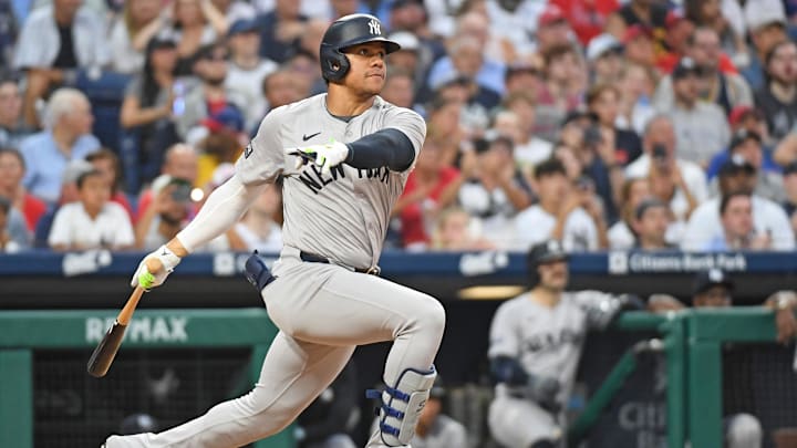 Jul 29, 2024; Philadelphia, Pennsylvania, USA; New York Yankees outfielder Juan Soto (22) against the Philadelphia Phillies at Citizens Bank Park.